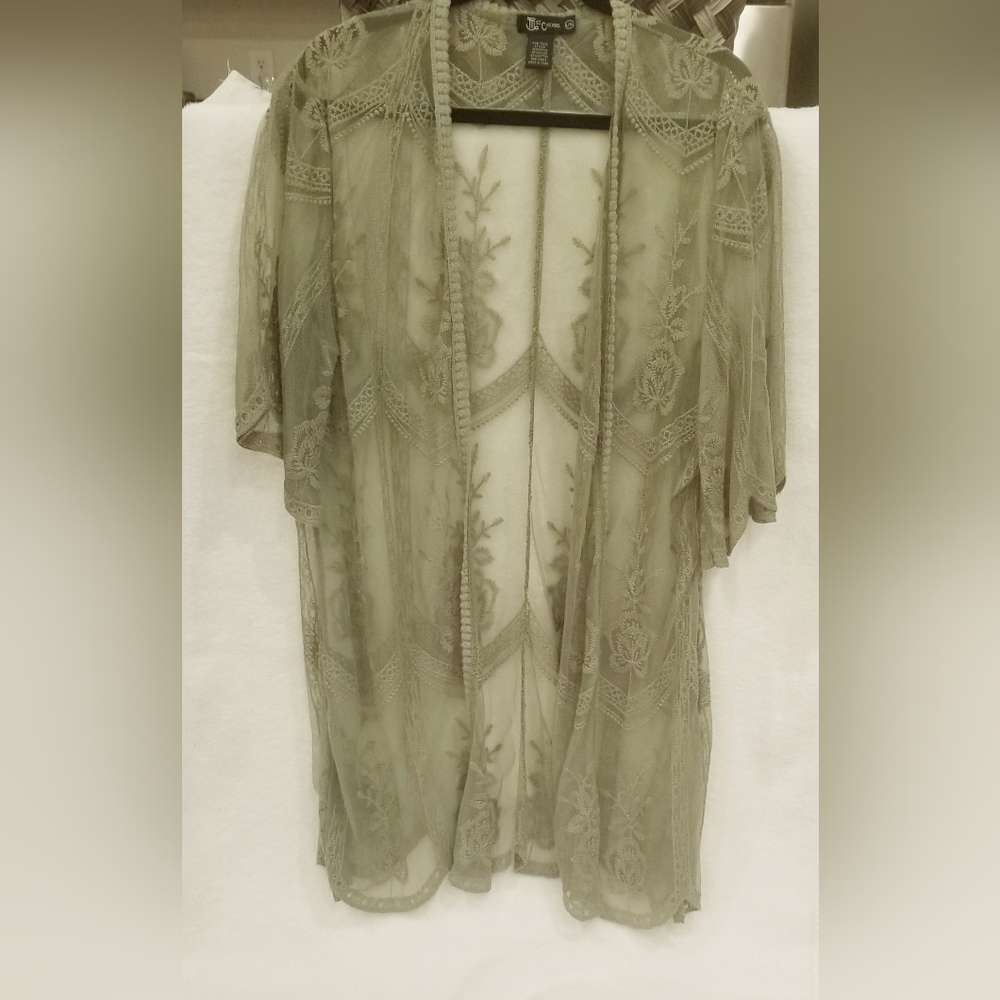 Elegant Sheer Sage Green Lace Kimono